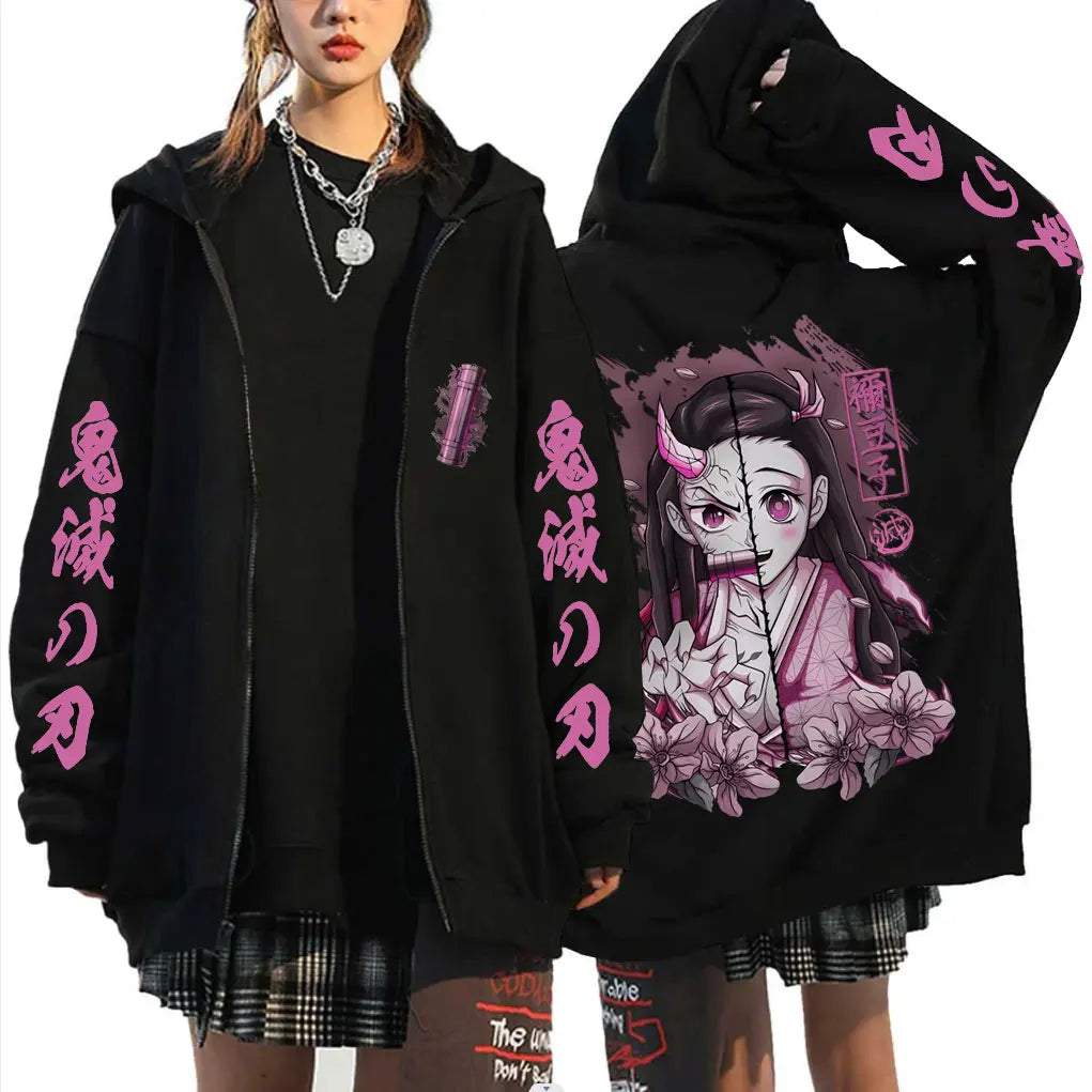 Anime Demon Slayer Kamado Nezuko Zipper Hoodie – Felpa con Cappuccio Unisex